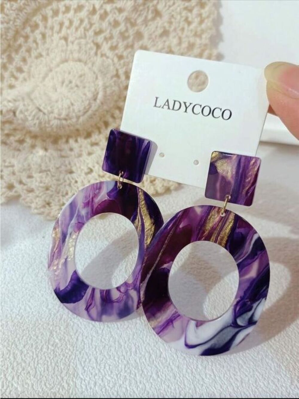 Purple Marbled Hoop Drop Earrings